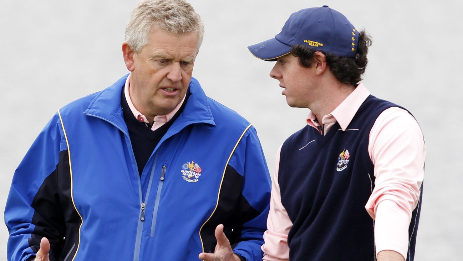 Rory McIlroy, right, talks with his then Ryder Cup captain Colin Montgomerie before Europe's 2010 victory in Wales. 
