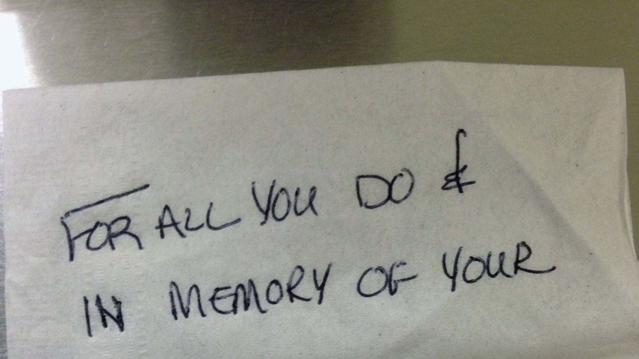 The University of Iowa AirCare team attended the memorial service for the Mercy Air Medical team in Mason City on January 10. After the service the team ate dinner at a local restaurant. An anonymous person paid the bill and left this note. 