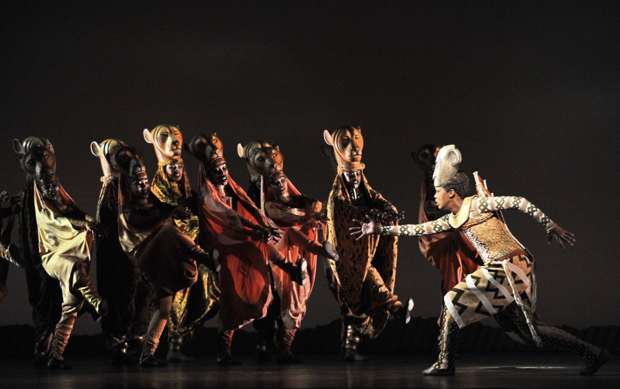South African Puleng March (right) as Nyala, during a "Lion King" performance in Singapore on March 9, 2011. 