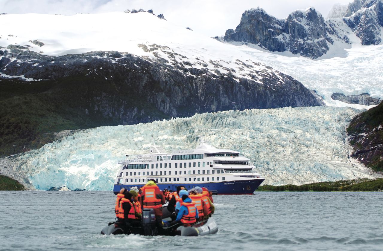 Exploring the deepest south of South America is made more comfortable by cruise operator Cruceros Australis. Passengers explore the chilly scenery and wildlife in small boats, returning to the main ship at day's end to warm up, eat and relax. 
