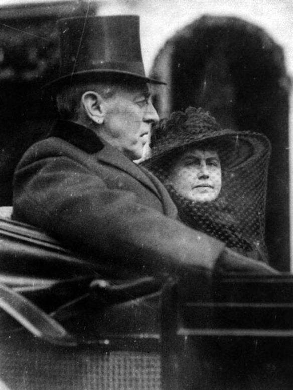 President Woodrow Wilson rides by carriage with wife Edith to his second inauguration on March 5, 1917.