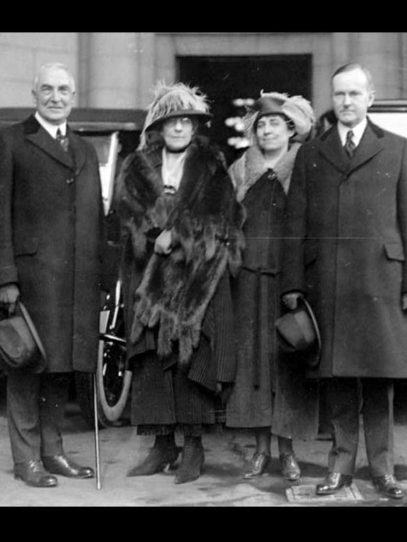 From left, President Warren Harding and his wife Florence arrive at Union Station, with Grace Coolidge and then-Vice President Calvin Coolidge for the 1921 inauguration.