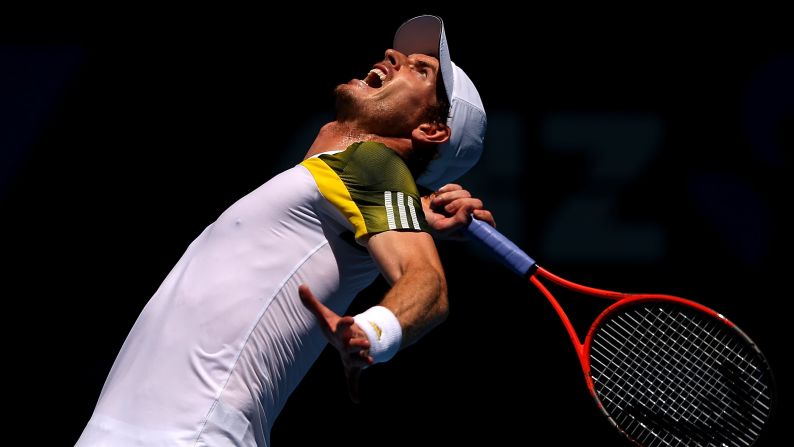 Andy Murray of Great Britain serves in his first-round match against Robin Haase of the Netherlands on January 15. Murray defeated Haase 6-3, 6-1, 6-3.