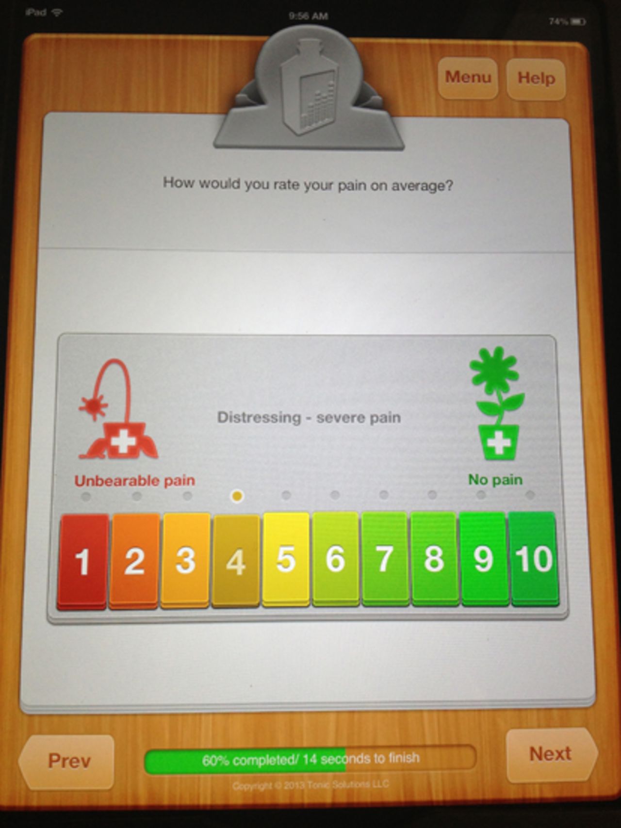 The app lets patients rate their pain on a scale of happy green to angry red.