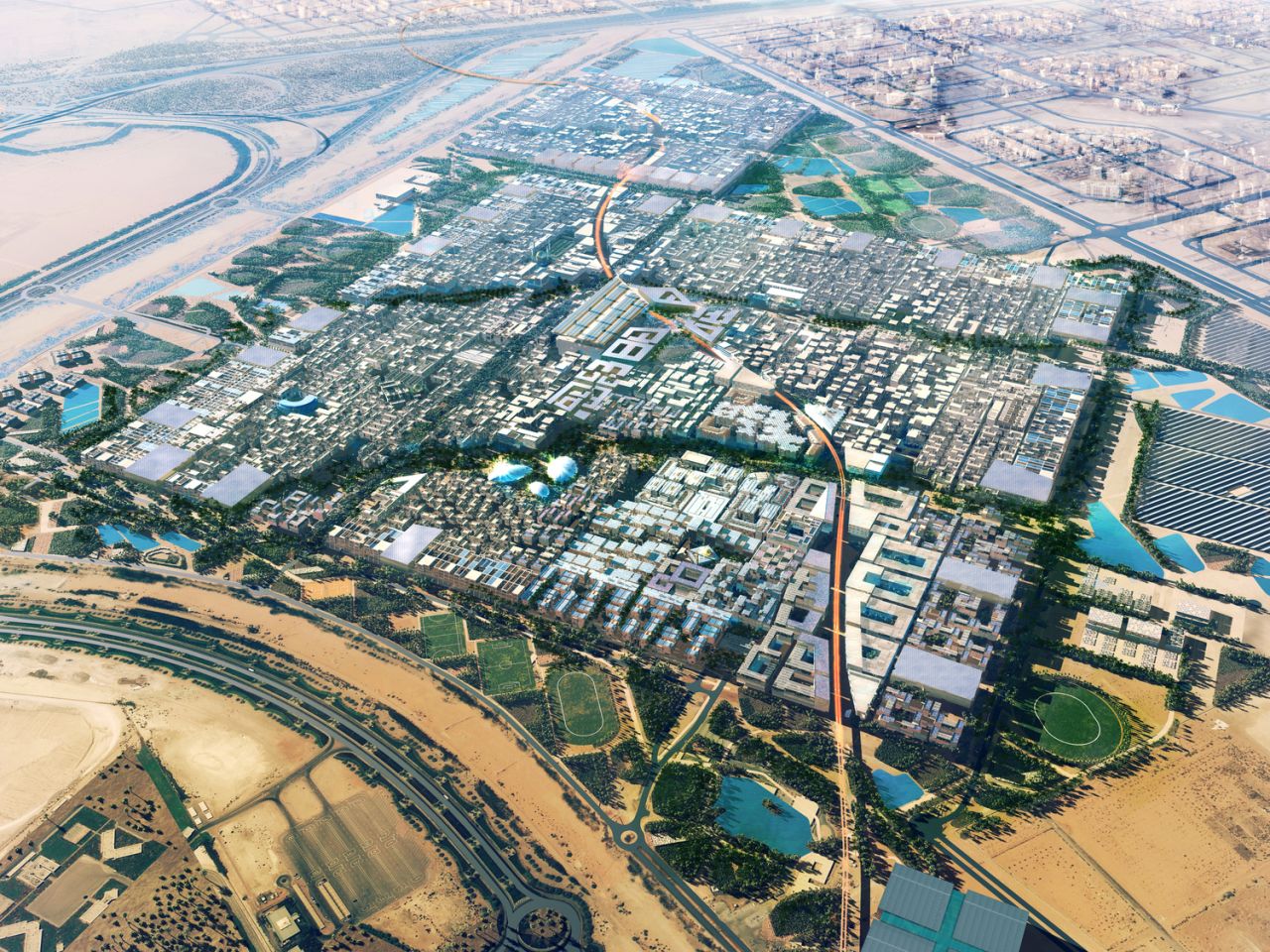 <a href="http://masdarcity.ae/en/" target="_blank" target="_blank">Masdar City</a>, is a new city in the emirate of Abu Dhabi, which builders The Abu Dhabi Future Energy Company they say will be an entirely "green," using only solar and other sustainable energy sources. Cars will be banned -- people will be able to travel around the city in personal rapid transit system podcars. Masdar will be completed around 2020, they say.
