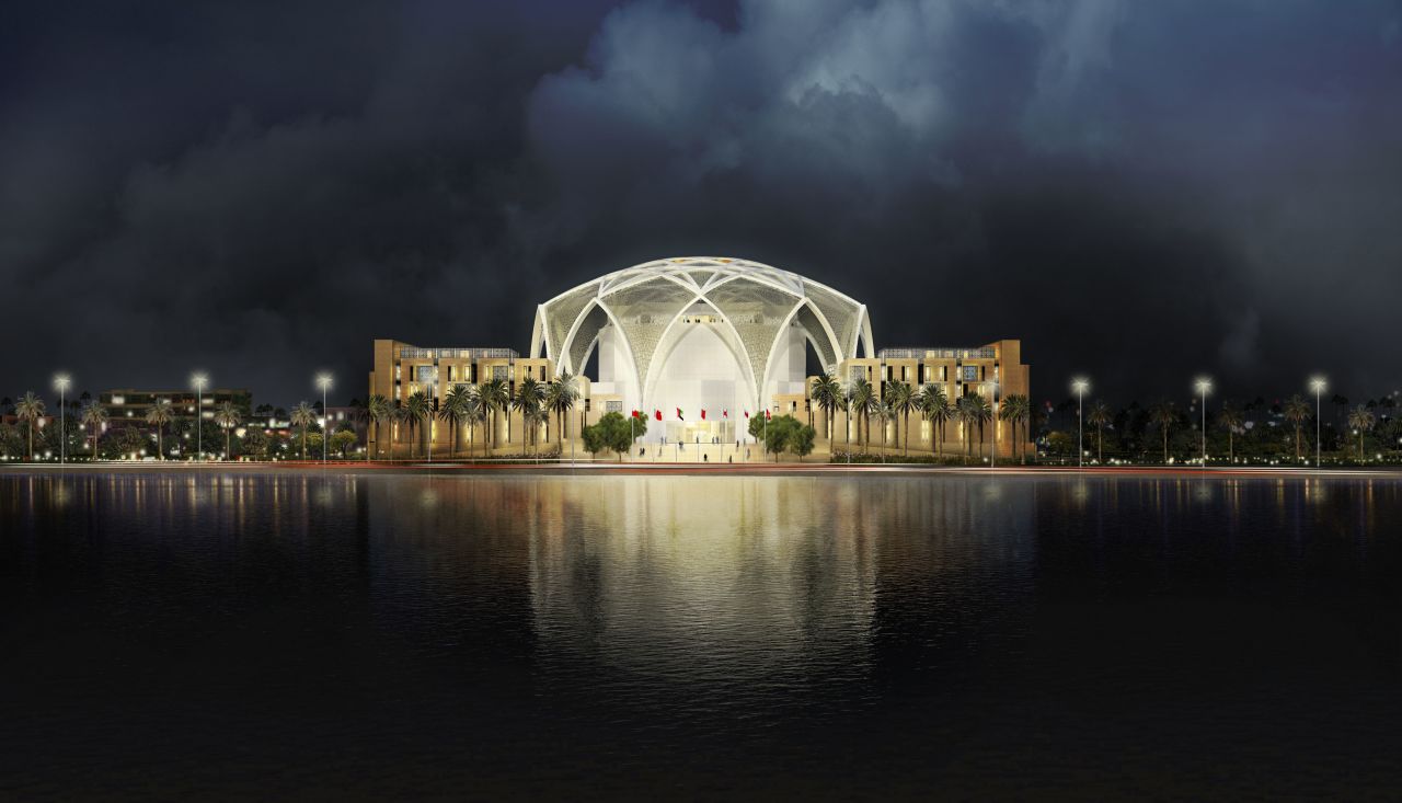 An artist's impression of Abu Dhabi's new parliament building. According to <a href="http://www.s-ehrlich.com/project.php?gallery=FEATURED-PROJECTS&title=FNC-S-NEW-PARLIAMENT-BUILDING-COMPLEX" target="_blank" target="_blank">Ehrlich Architects</a>, light will be filtered through the screen of the dome, creating a microclimate and increasing energy efficiency. The building is still in phase one of the development, they say. 