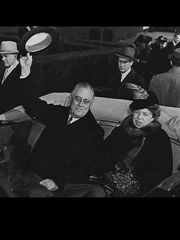 President Franklin Delano Roosevelt and Eleanor Roosevelt ride during his third presidential inauguration in 1941.