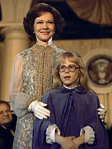 First lady Rosalynn Carter and daughter Amy attend President Jimmy Carter's inaugural ball in 1977.