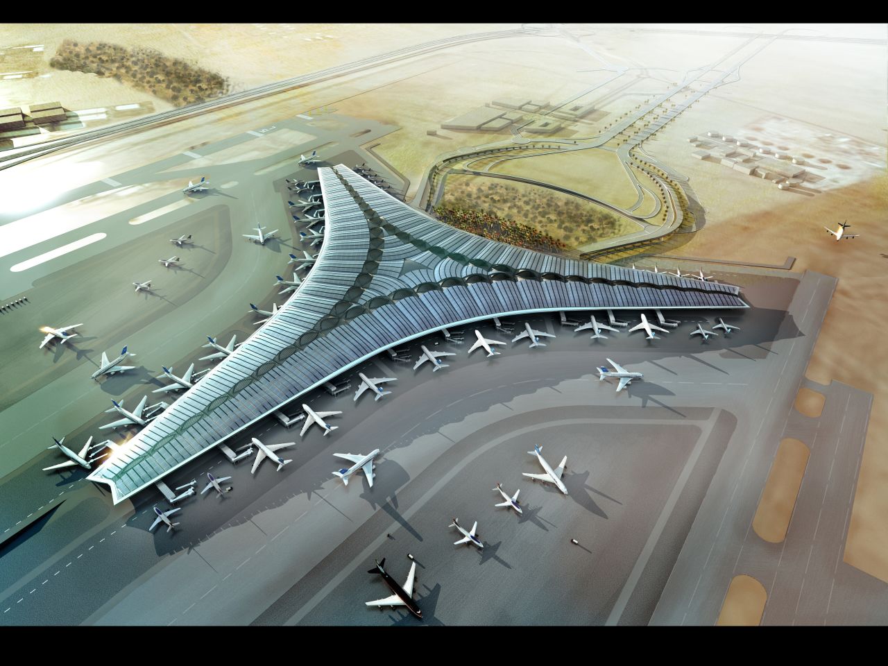 This artist's impression shows the trefoil shape of the new terminal at Kuwait International Airport. The three wings will have a roof that incorporates a large expanse of panels to harvest solar energy, according to architects, <a href="http://www.fosterandpartners.com/Practice/Default.aspx" target="_blank" target="_blank">Foster and Partners</a>. The $3.2 billion terminal will be ready in 2016, according to Kuwait's Ministry of Public Works. 