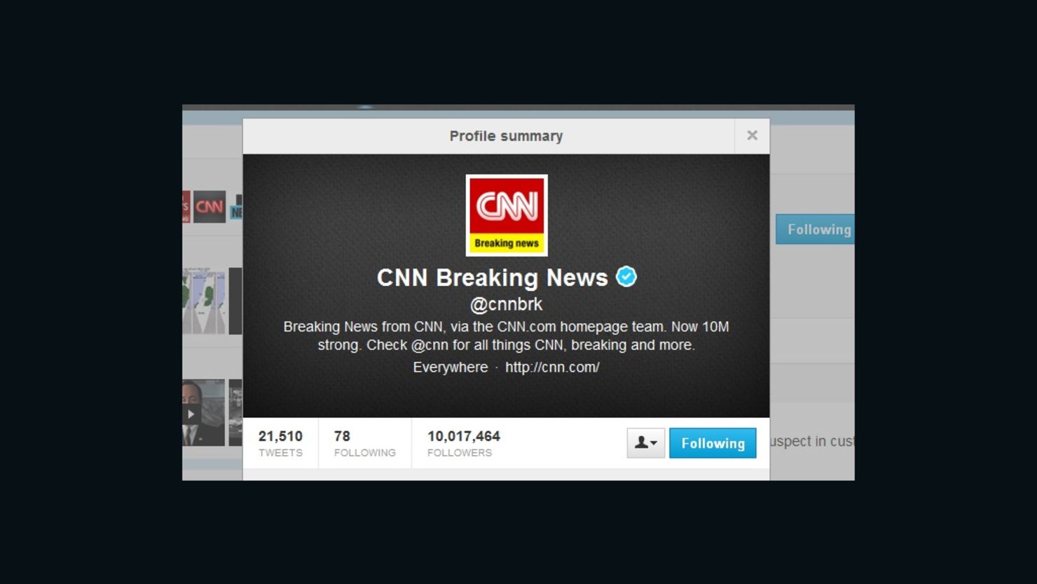 CNN's @cnnbrk Twitter account hit 10 million followers on Monday.