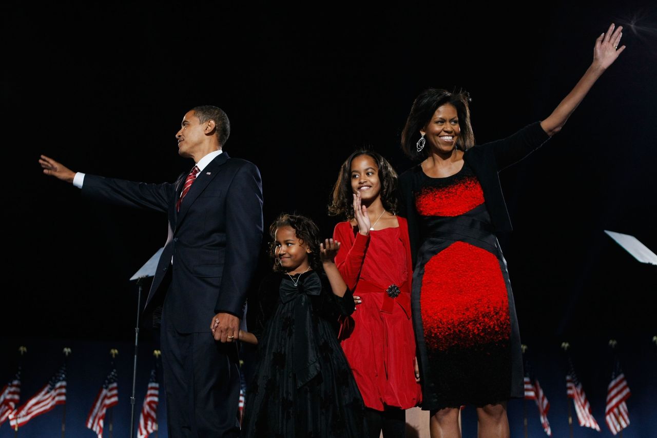 And the public's obsession with Obama's sartorial choices began with the Narciso Rodriguez sheath she wore when her family took the stage at Chicago's Grant Park after her husband's victory in the 2008 presidential election. Some lauded the choice as an eye-catching statement; others called it an eyesore.