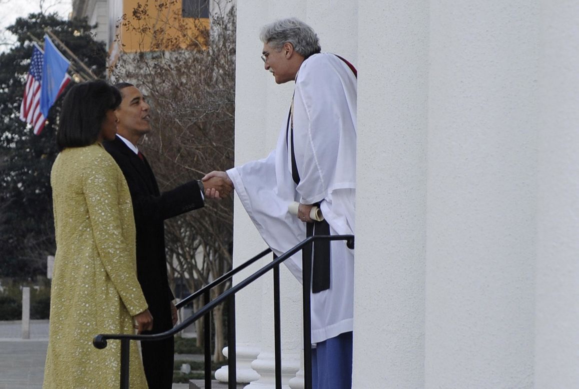The Rev. Luis Leon of St. John's Church in Washington greets the Obamas before the President's first inauguration in 2009. Barack Obama was baptized in the United Church of Christ, one of the mainline Protestant denominations, so called for their prominence in 20th-century American life. Mainline Protestants make up about 14.7% of the American population, the study finds. 
