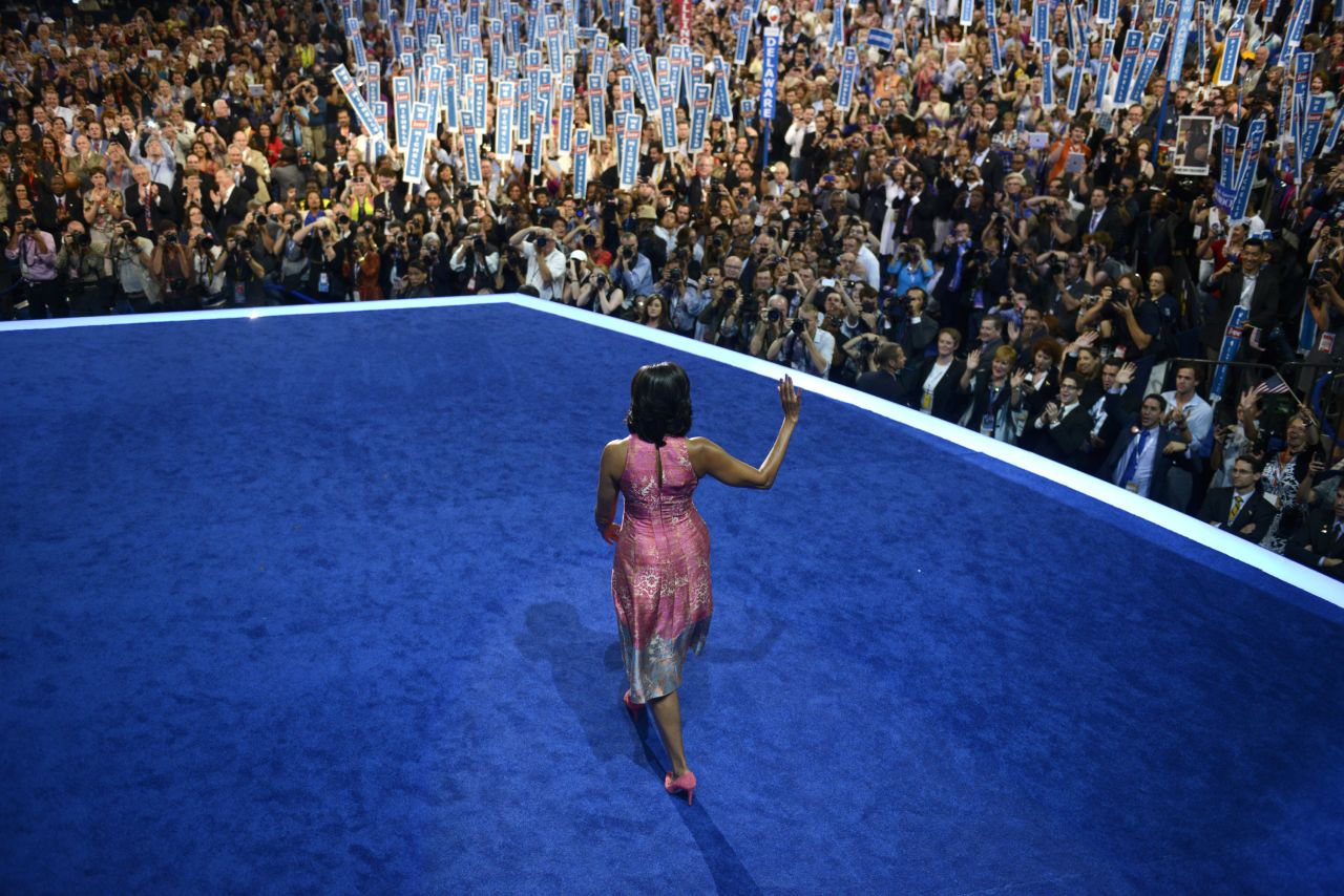 The first lady worked the crowd at the 2012 Democratic National Convention in Charlotte, North Carolina, in a Tracy Reese sheath with pink suede pumps by J. Crew, according to Taylor.
