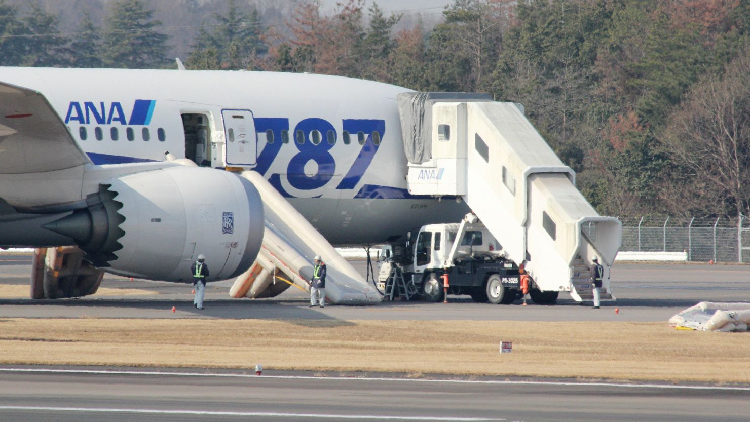 An ANA Dreamliner sits on the tarmac after an emergency landing at Takamatsu Airport in western Japan on January 16.