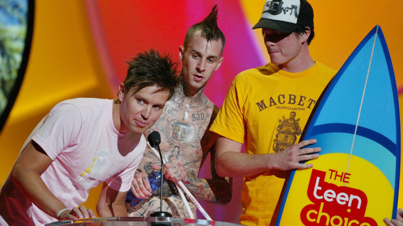 Blink-182 in 2004: Mark Hoppus, left; Travis Barker, center; and Tom DeLonge, right
