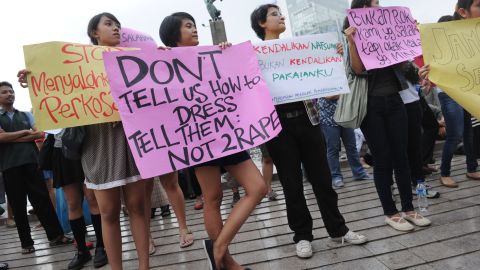 (File photo) Women stage a protest wearing miniskirts in Jakarta on September 18, 2011.