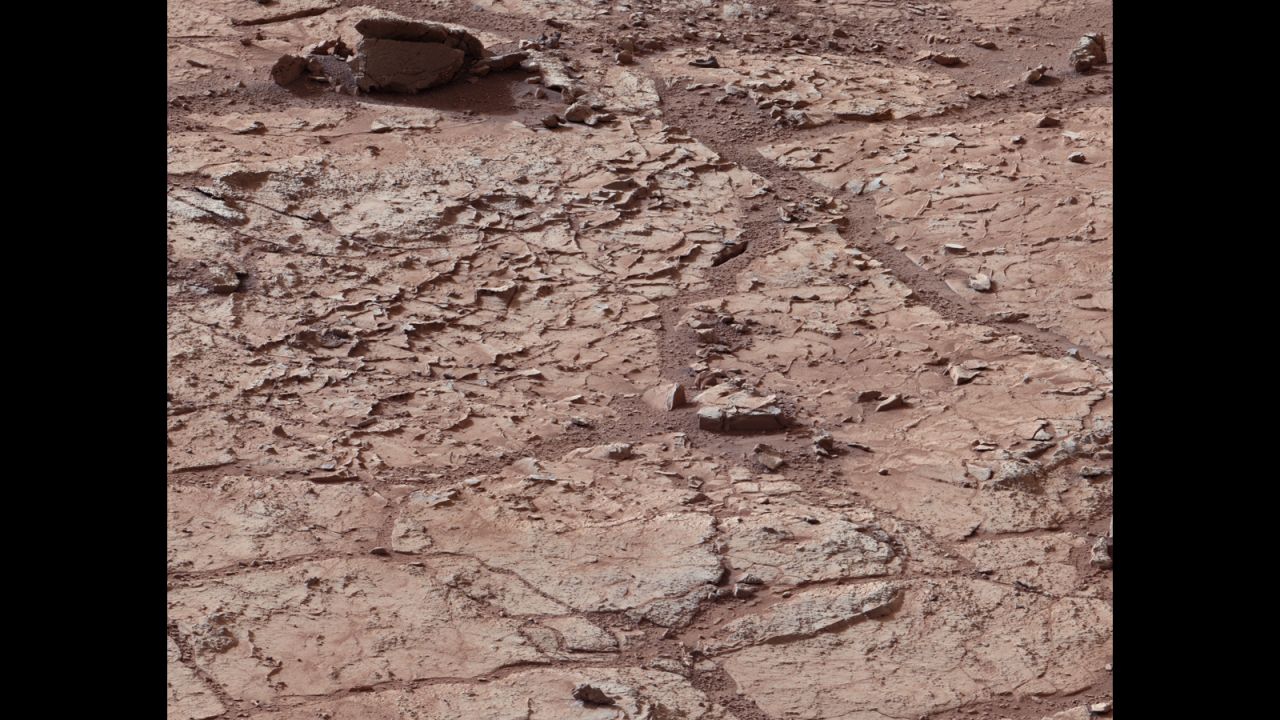 A view of what NASA describes as "veined, flat-lying rock." It was selected as the first drilling site for the Mars rover.