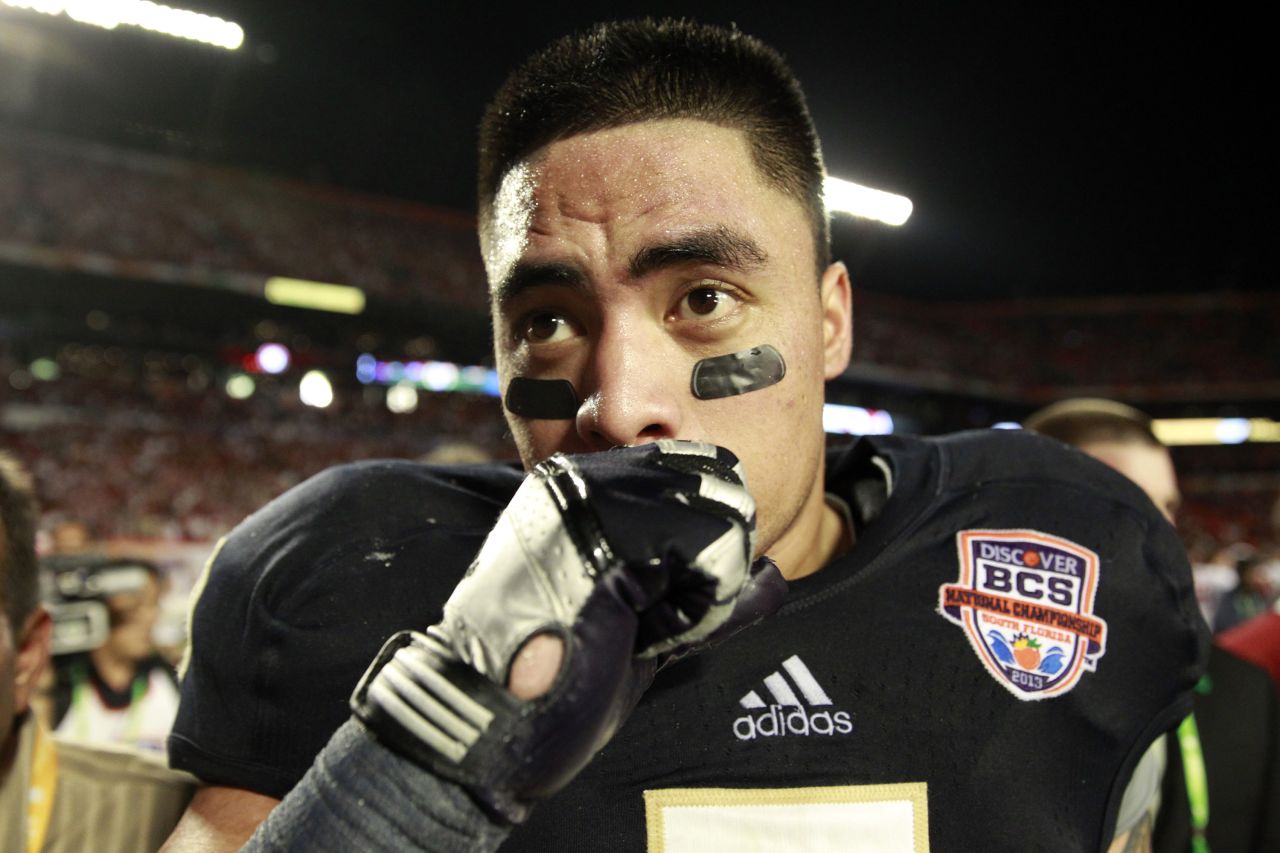 Notre Dame's Manti Te'o, now a linebacker for the San Diego Chargers, said he was tricked into believing he had a girlfriend whom he had never met in person. He said he believed she died within hours of his grandmother's death.