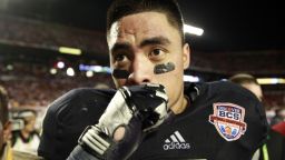 Notre Dame linebacker Manti Te'o (5) fights his emotions as he leaves the field after a 42-14 loss against Alabama in the BCS National Championship game at Sun Life Stadium on Monday, January 7, 2013, in Miami Gardens, Florida. (Nuccio DiNuzzo/Chicago Tribune/MCT via Getty Images)