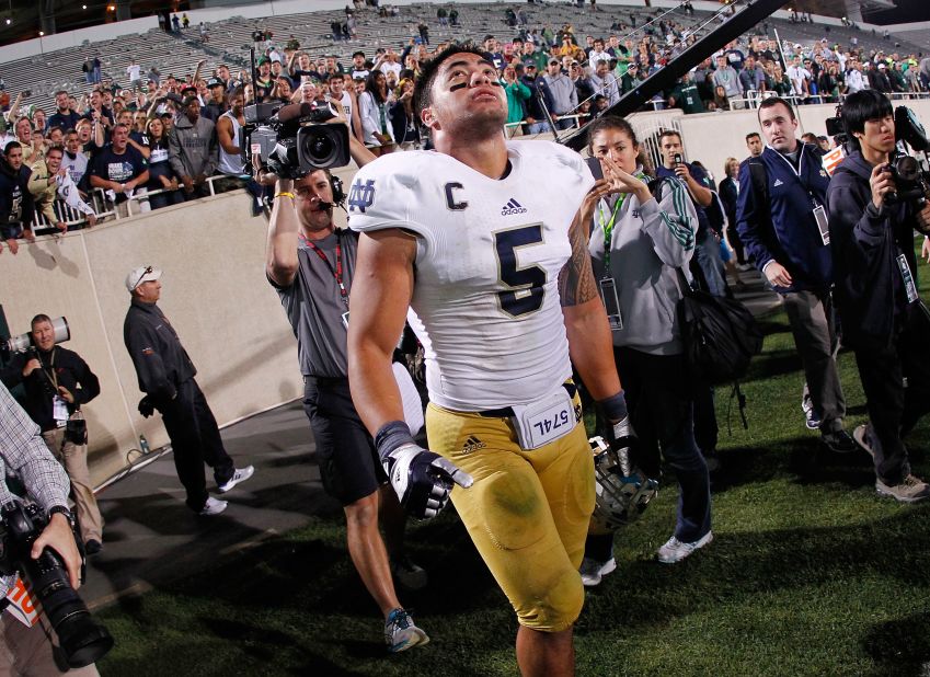 Te'o reacts after Notre Dame beats Michigan State 20-3 at Spartan Stadium in East Lansing, Michigan, on September 15, 2012.