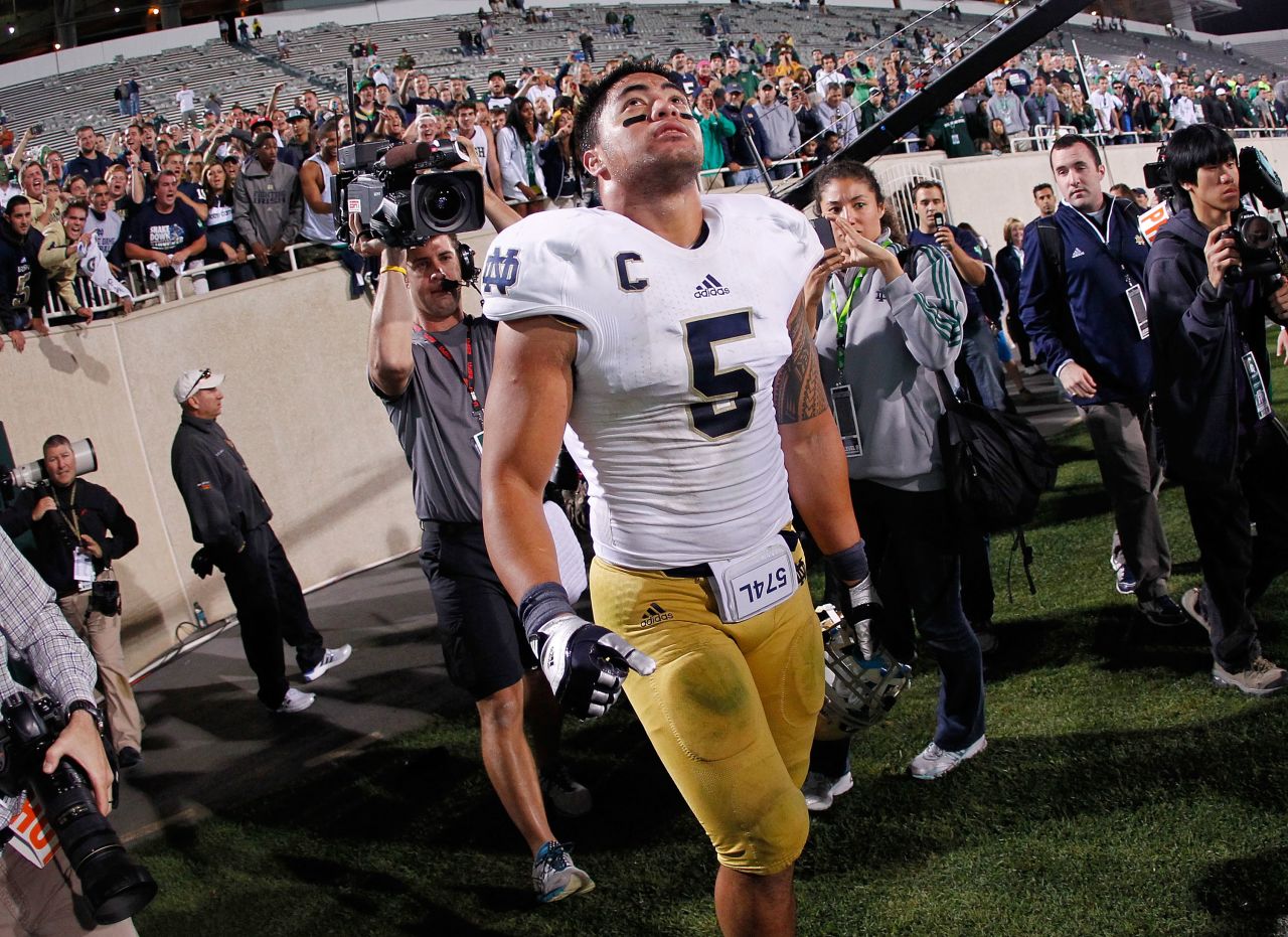 Te'o reacts after Notre Dame beats Michigan State 20-3 at Spartan Stadium in East Lansing, Michigan, on September 15, 2012.