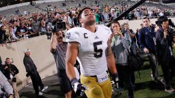 EAST LANSING, MI - SEPTEMBER 15:  Manti Te'o #5 of the Notre Dame Fighting Irish reacts after beating the Notre Dame Fighting Irish 20-3 at Spartan Stadium Stadium on September 15, 2012 in East Lansing, Michigan. (Photo by Gregory Shamus/Getty Images)