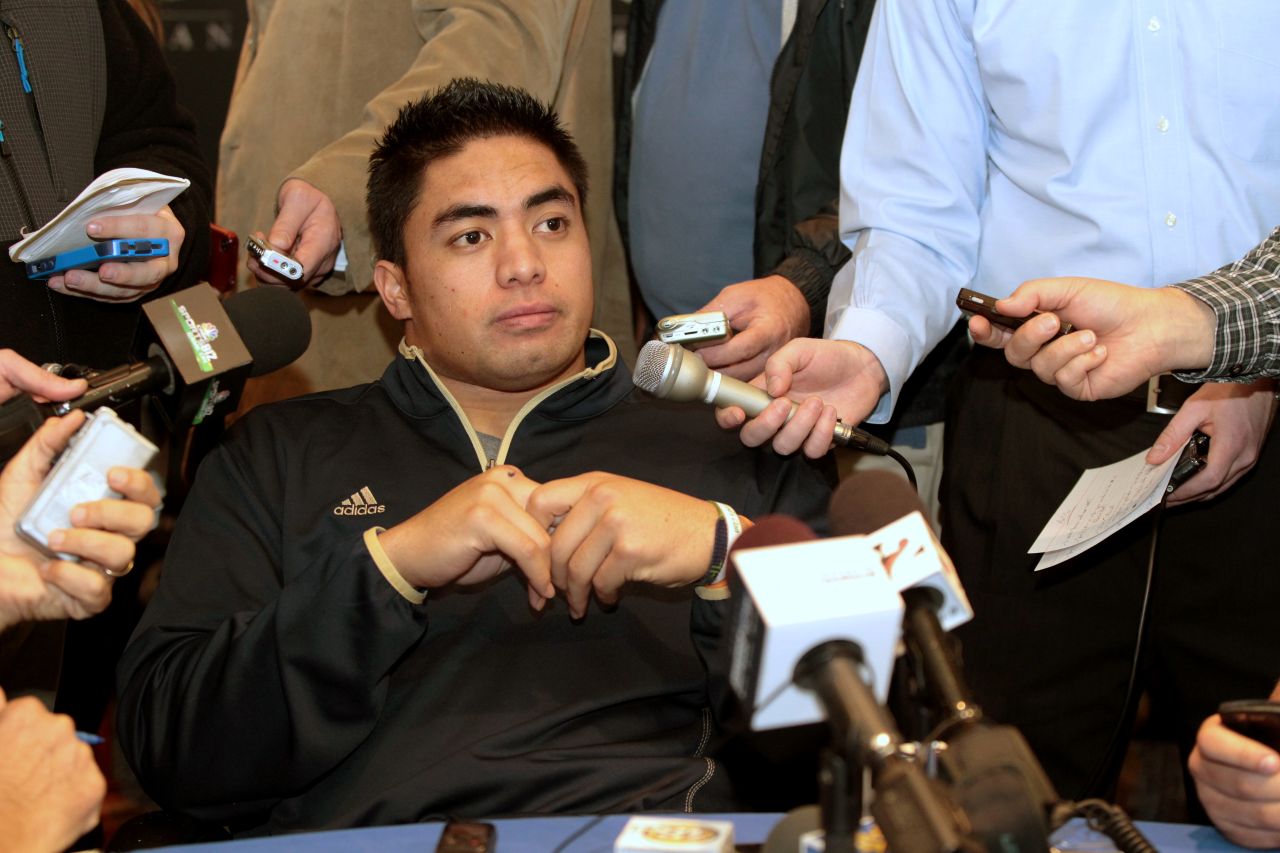 Te'o, a Heisman Trophy finalist, answers questions from reporters during an informal news gathering at the Marriott Marquis Hotel on December 7, 2012, in New York City a day before the presentation of the winner. 