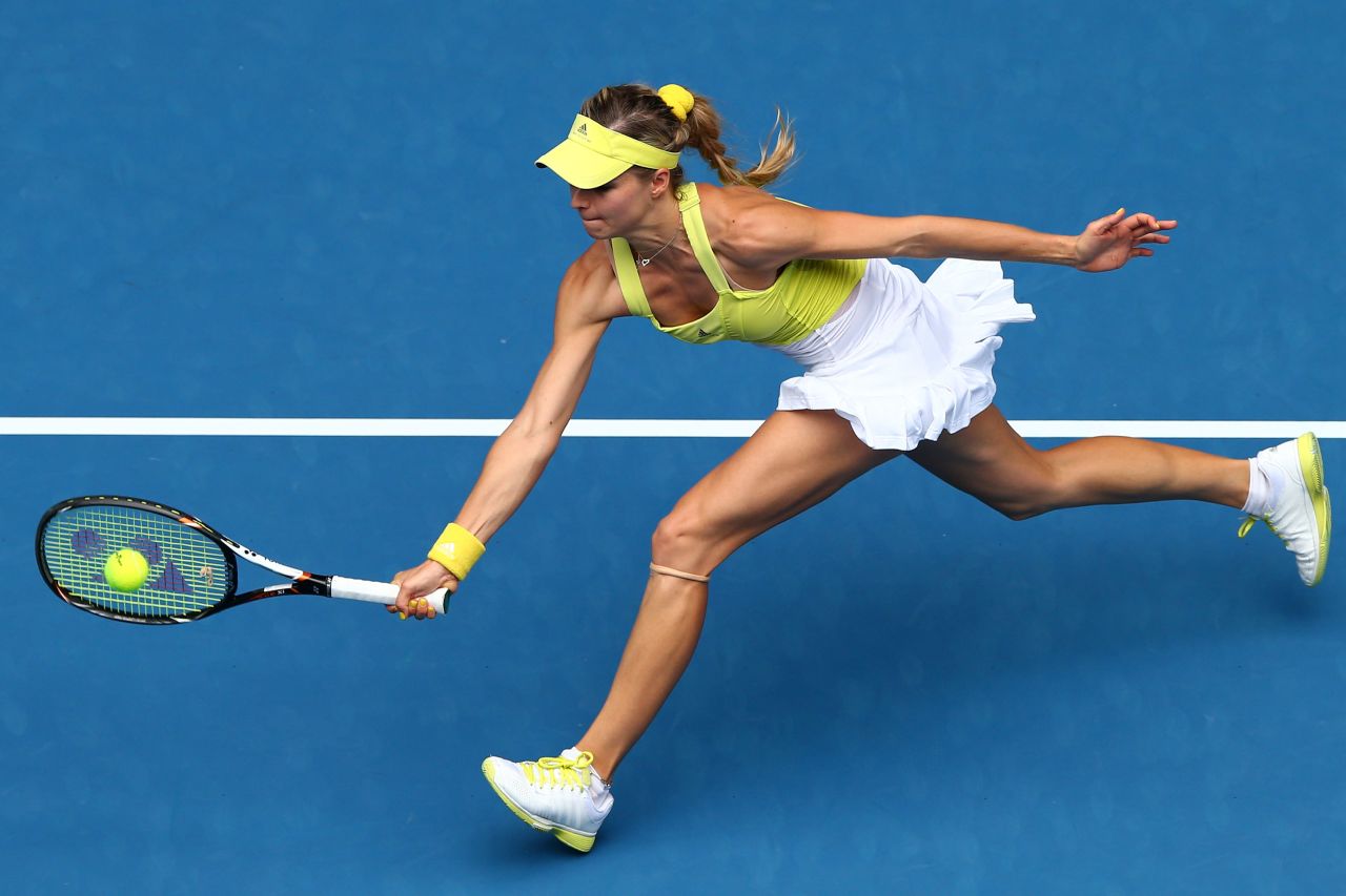 Maria Kirilenko of Russia stretches for a forehand in her second-round match against Shuai Peng of China on January 17. Kirilenko won 7-5, 6-2.