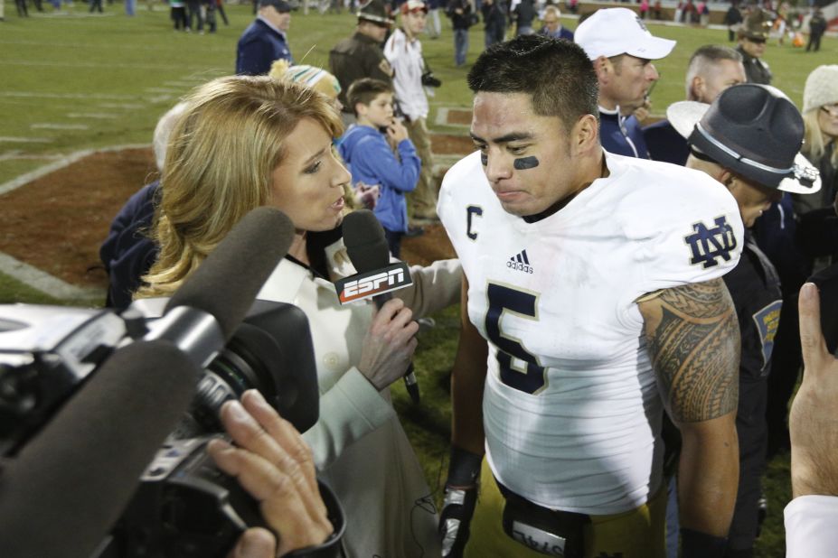 Te'o is interviewed by ESPN after the game between the Oklahoma Sooners and the Notre Dame Fighting Irish in Norman, Oklahoma, on October 27. The Fighting Irish defeated the Sooners 30-13.