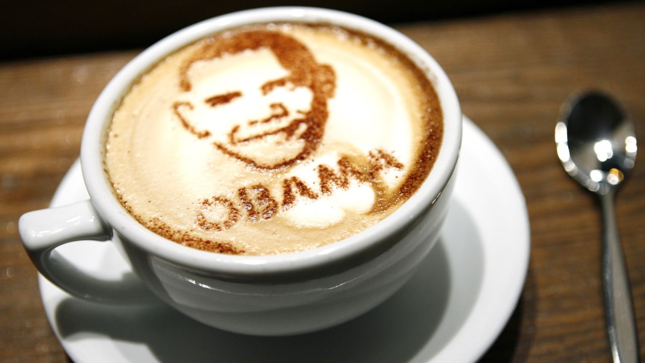 GERMANY: A caffe latte with the face of Barack Obama made out of cocoa powder sits in a coffee shop in Berlin on November 3, 2008.