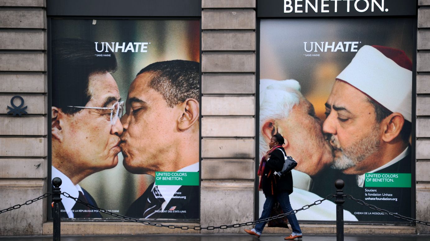 FRANCE: A Benetton clothing store window in Paris is covered with posters as part of the launch of a provocative publicity campaign showing altered images of Pope Benedict XVI kissing Egypt's Ahmed el Tayyeb, imam of the Al-Azhar Mosque in Cairo, and Barack Obama kissing Chinese President Hu Jintao.