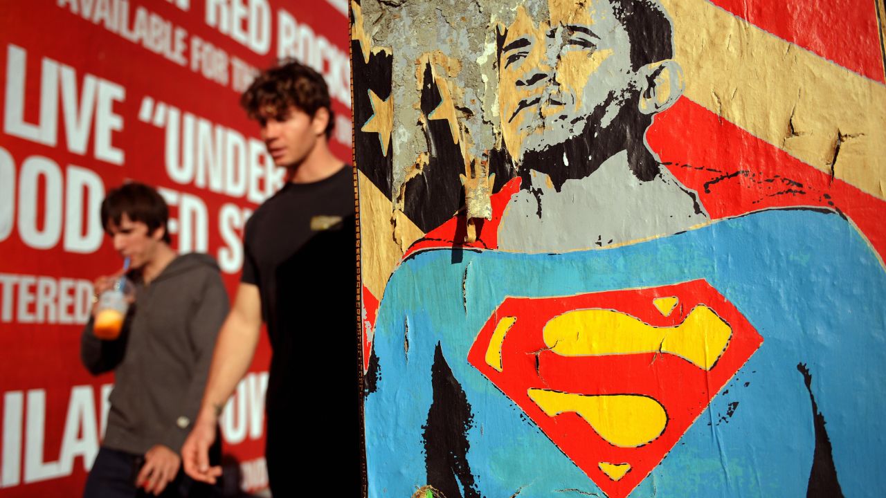 UNITED STATES: A poster of Obama as Superman on November 5, 2008, on Melrose Avenue in Los Angeles.