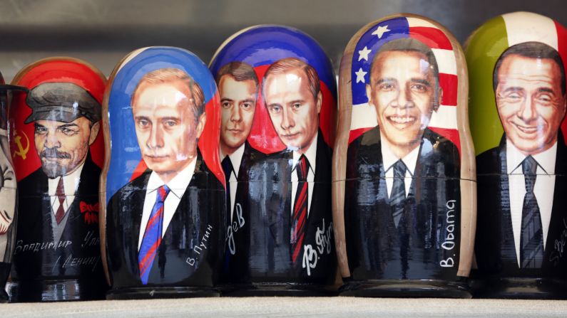RUSSIA: World leaders past and present are depicted on Russian matryoshka dolls at a souvenir stall in Saint Petersburg on June 20, 2012.