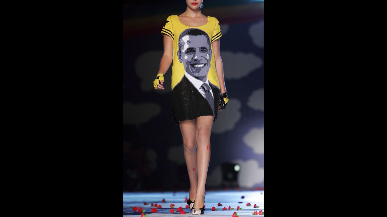 GREECE: Obama appears on a creation by French designer Jean Charles de Castelbajac during spring/summer 2009 Vodafone Athens Collection shows at the Technopolis in Athens on October 11, 2008.