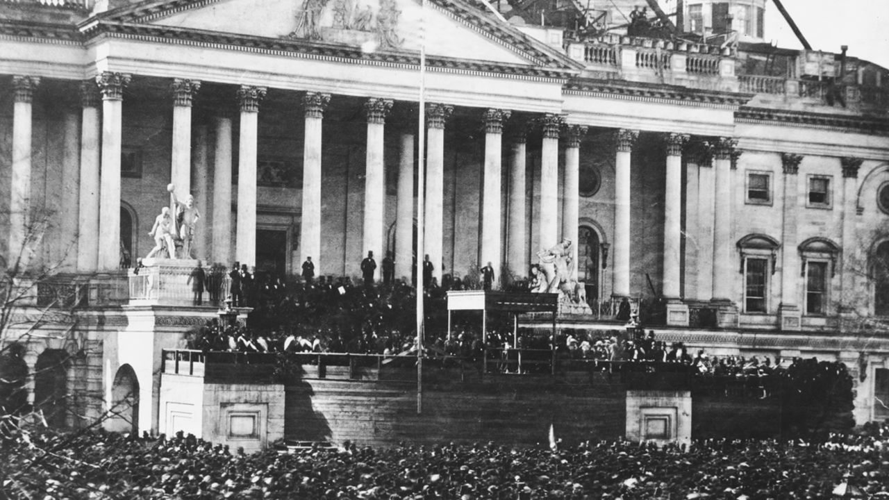 A crowd gathers for the inauguration of Abraham Lincoln on March 4, 1861.