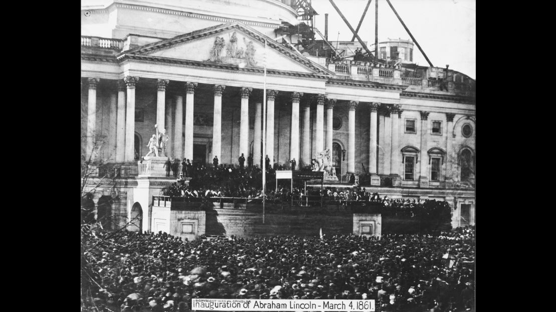 A crowd gathers for the  inauguration of Abraham Lincoln on March 4, 1861.
