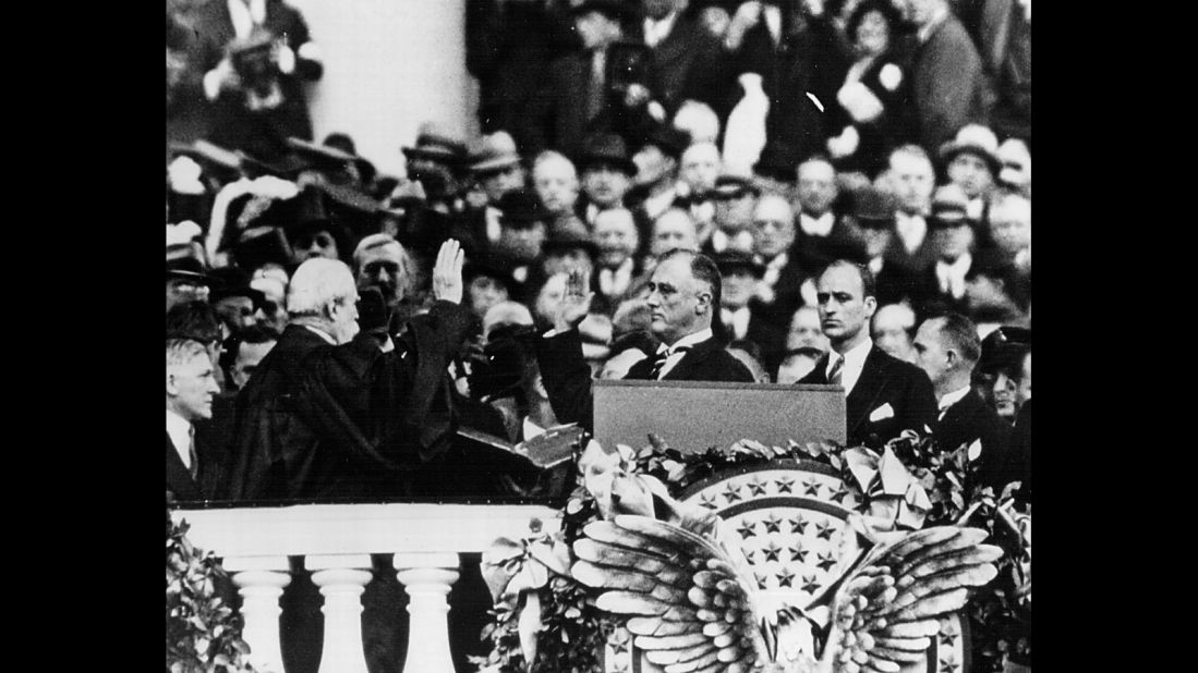 Franklin D. Roosevelt is sworn in for his first term in 1933. He won four presidential elections and served in office until his death in 1945. The 22nd Amendment, ratified in 1951, ensured that he would be the last US president to serve more than two terms.