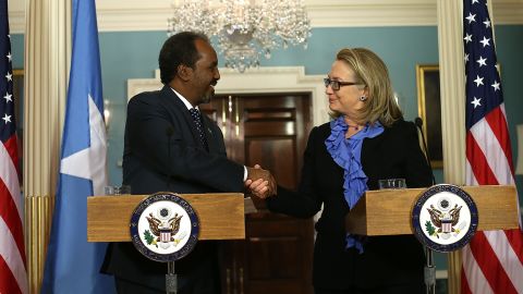 Secretary of State Hillary Clinton shakes hands with Somali President Hassan Sheikh Mohamud on Thursday in Washington.