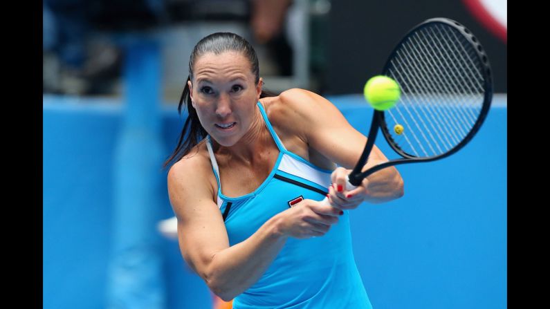 Jankovic plays a backhand in her third round match against Ivanovic on January 18.