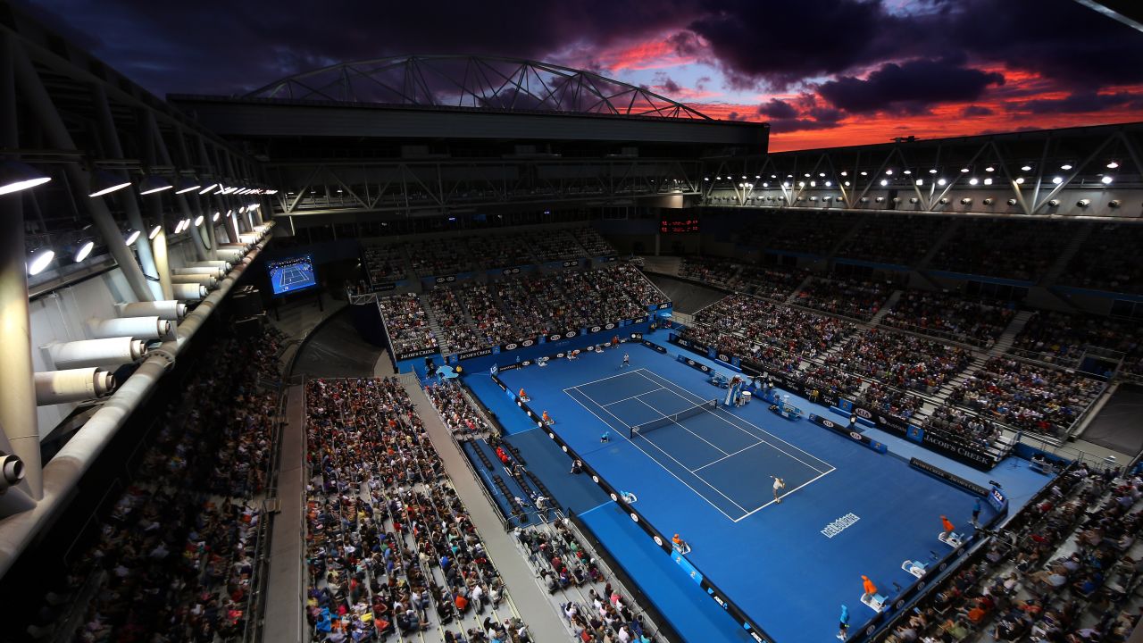 Clouds loom over the stadium in Melbourne Park as Berdych and Melzer compete in their third-round match on January 18.