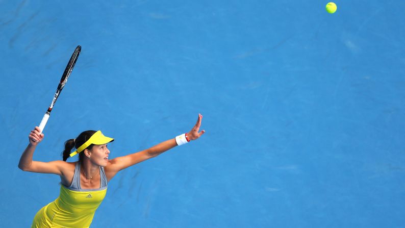 Ana Ivanovic of Serbia serves in her third-round match against Jelena Jankovic of Serbia on January 18. Ivanovic won 7-5, 6-3.