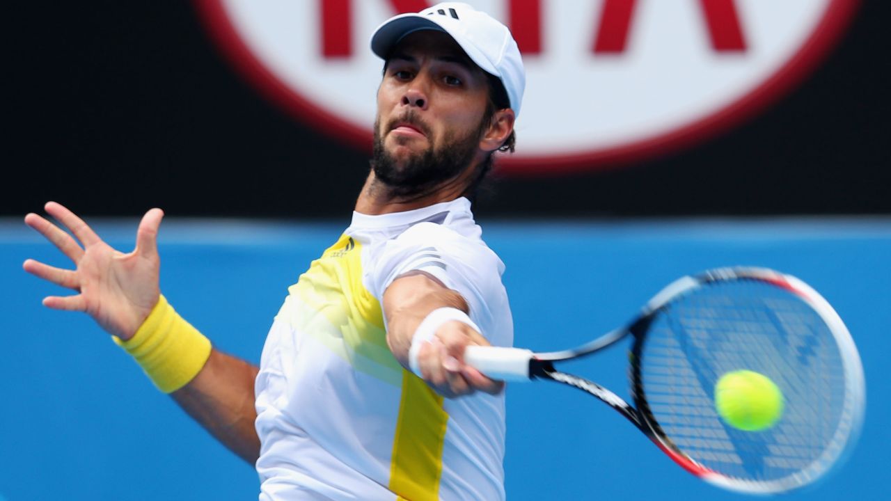 Fernando Verdasco of Spain plays a forehand in his third-round match against Kevin Anderson of South Africa on January 18. Anderson won 4-6, 6-3, 4-6, 7-6 (4), 6-2.