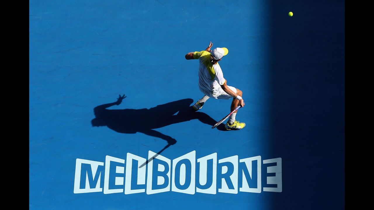 Anderson plays a forehand in his third-round match against Verdasco on January 18.