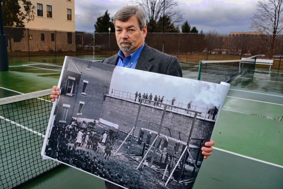 Michael W. Kauffman is author of "American Brutus: John Wilkes Booth and the Lincoln Conspiracies." Here he stands on a tennis court at Fort McNair, the site of the Lincoln conspirators' hanging.