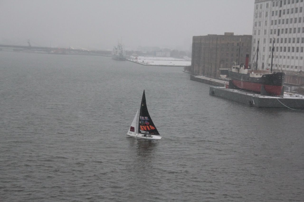 A lonely sail adorned with the work of British street-artist, Eine (a.k.a Ben Flynn), skips its way around London's Royal Victoria Dock, branded with the uncompromising slogan "See No Evil." Eine received a famous name-check in 2010 when British prime minister David Cameron gifted one of his paintings to U.S. president Barack Obama while on a state visit.
