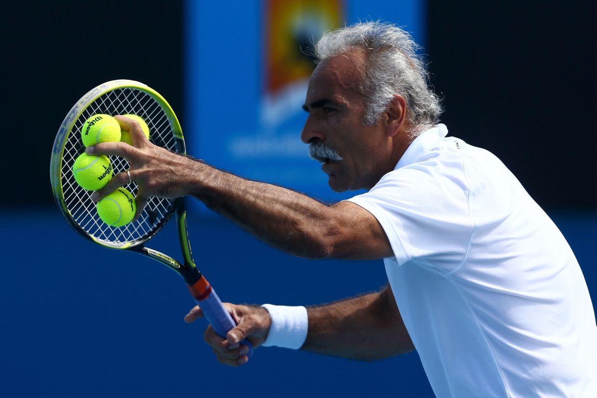 Mansour Bahrami of Iran warms up for a doubles match on January 19. He and Wayne Ferreira of South Africa faced Australians Mark Woodforde and Todd Woodbridge. 