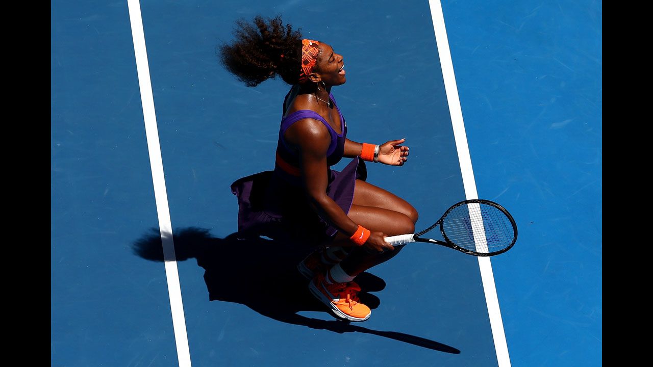 Serena Williams of the United States reacts in her third-round match against Ayumi Morita of Japan on January 19.