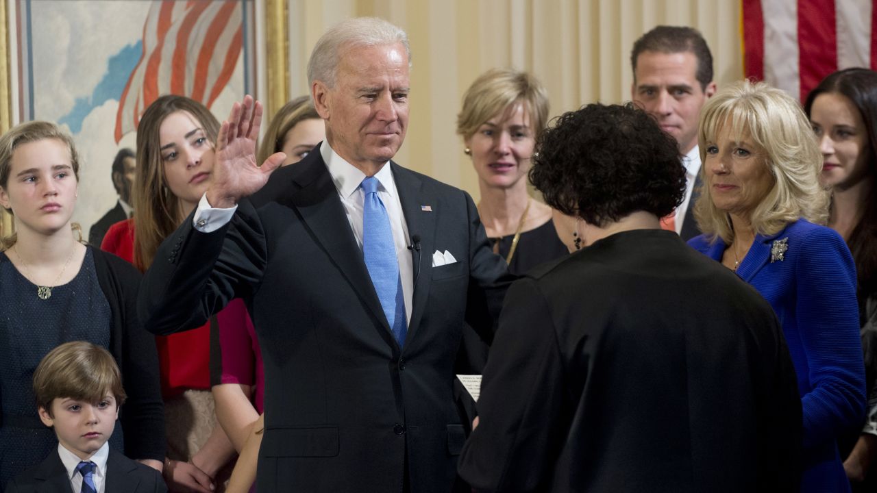 Vice President Joe Biden takes the oath of office from Supreme Court Justice Sonia Sotomayor on January 20, 2013 in Washington, DC. 