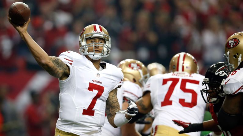 San Francisco 49ers quarterback Colin Kaepernick passes the ball in the first quarter against the Atlanta Falcons.