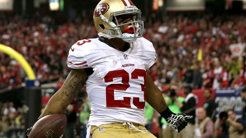 Running back LaMichael James of the 49ers celebrates his touchdown against the Falcons.